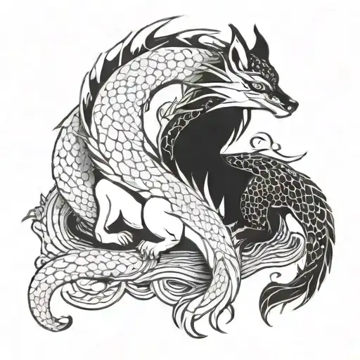 Dragon And Fox Couple Embracing