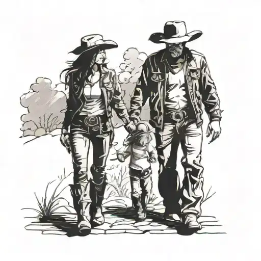 A Dad Cowboy Holding Hands With His Younger Cowgirl Daughter Walking