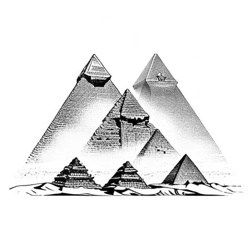 An Intricate Blackwork Tattoo Of The Egyptian Pyramids At Sunset