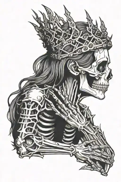 Female Skeleton With Crown Of Thorns On Head With Hands Folded In Prayer Looking To The Side
