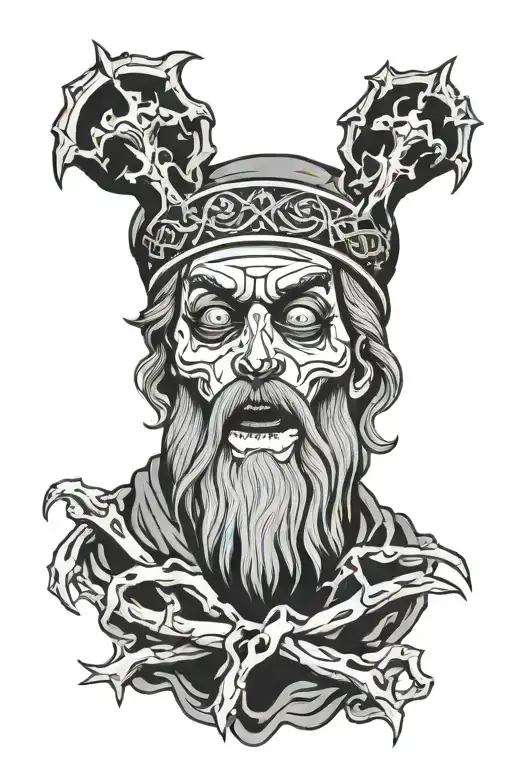 Santa Muerta With A Crown Of Thorns On His Head With Folded Hands In Prayer Looking To The Side