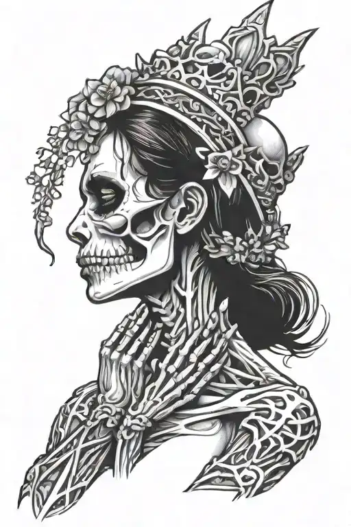 A Female Skeleton With A Crown Of Thorns On Her Head And Hands Folded In Prayer Looks To The Side