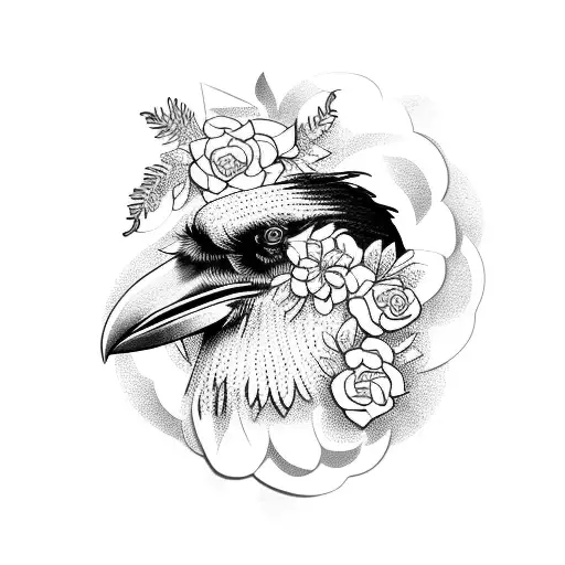 A Blackwork Tattoo Of A Raven Surrounded By A Wreath Of Flowers