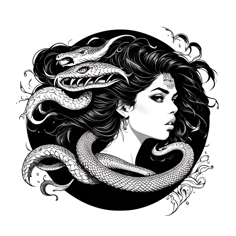 Warrior Girl Versace Pattern And Furious Water Waves And Angry Snakes