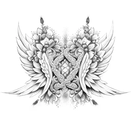 An Intricate Design Of Angel Wings Intertwined With Blooming Flowers