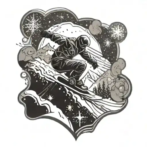 A Snowboarder Carving Through A Mountain Landscape With Intricate Snowflakes Falling Around Them