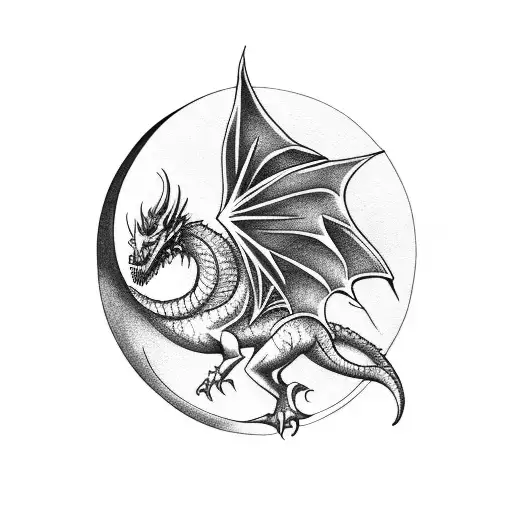 Gothic Dragon Flying Inside Crescent Moon