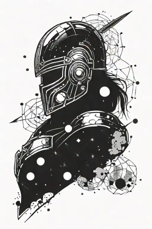 A Warrior Helmet Surrounded By Planets And Constellations