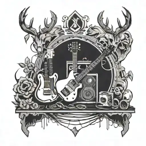 A Rock Concert Stage With Blackwork Elements Of Deer Skulls And Guitars