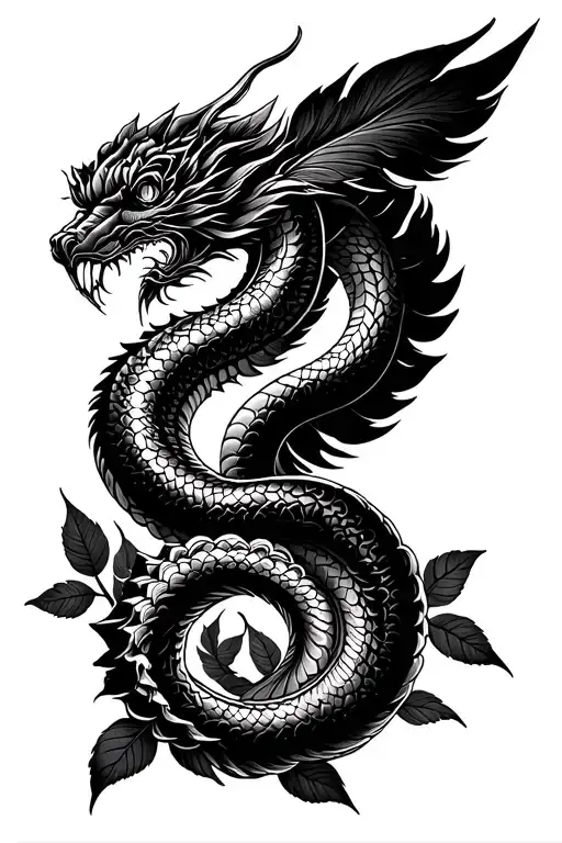 Quetzalcoatl Feathered Serpent Coiling Around Rose