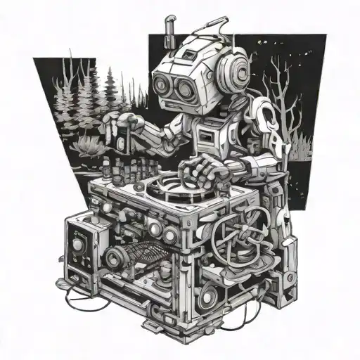 A Robotic Dog Dj Mixing Techno Music In A Futuristic Forest Setting