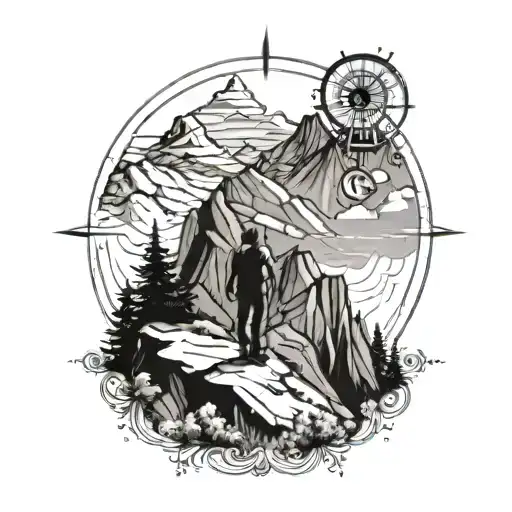 A Silhouette Of A Hiker On A Mountain Peak With A Compass Rose In The Background
