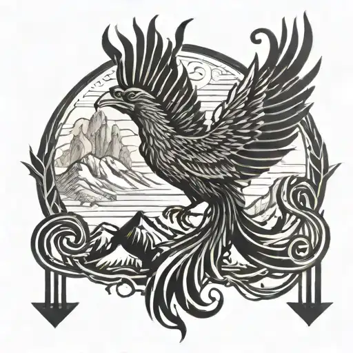 A Phoenix Bird Rising From The Mountains With Musical Notes In The Background