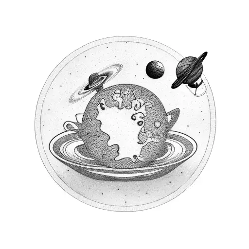 A Cosmic Coffee Mug With Floating Planets Inside