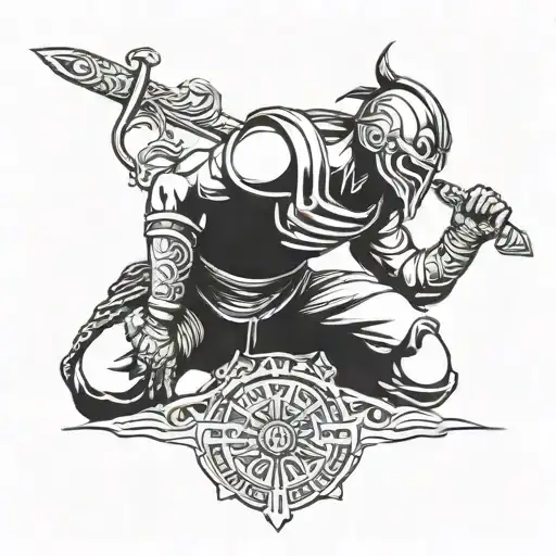 A Warrior Kneeling With A Sword
