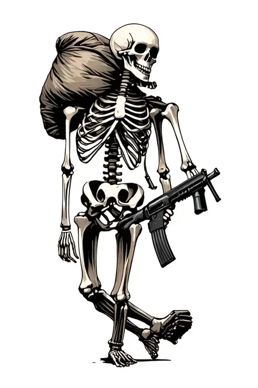 Skeleton Walking With Sack Over Shoulder Holding A M4