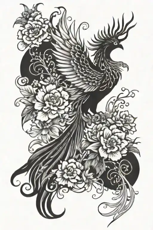 Mythology Mixed Rising Phoenix With Japanese Flowers