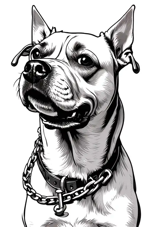 A Dog With A Collar Around Its Neck And A Chain With A Barbell On It