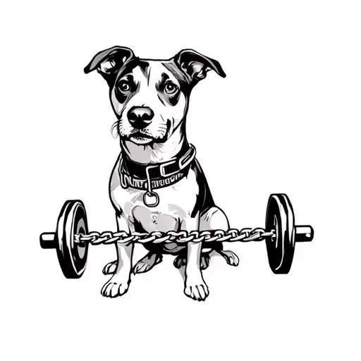A Dog With A Collar Around Its Neck And A Chain With A Barbell On It