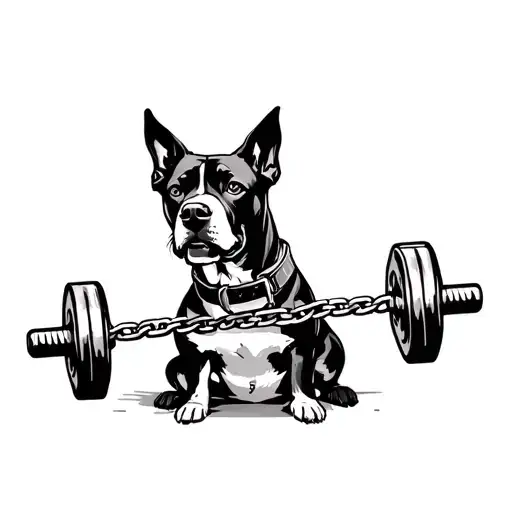 A Dog With A Collar Around Its Neck And A Chain With A Barbell On It