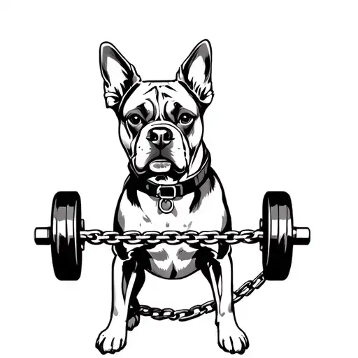 A Dog With A Collar Around Its Neck And A Chain With A Barbell On It
