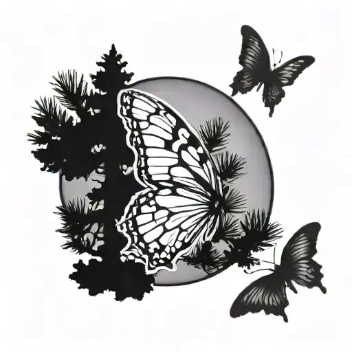 Butterfly Flying Around A Pine Tree