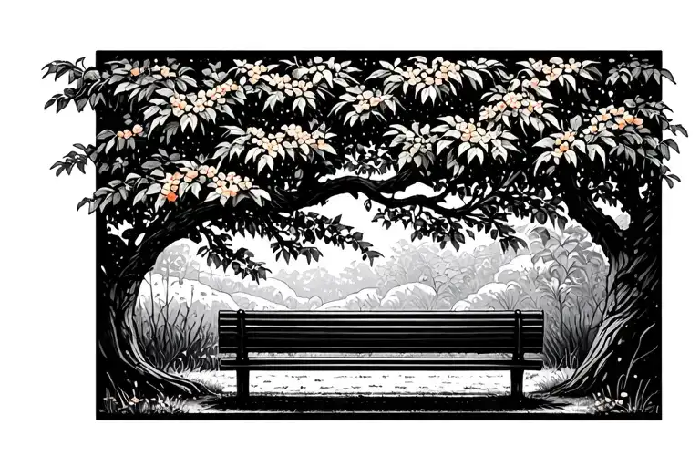 Orange Tree With A Bench In Front View Fine Line