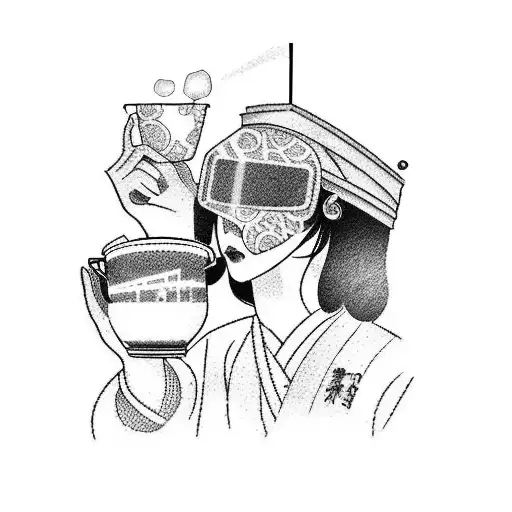A Japanese Geisha Holding A Welding Mask And A Cup Of Coffee