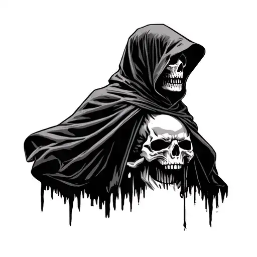 Skull Grim Reaper With Hood Looking Over Shoulder