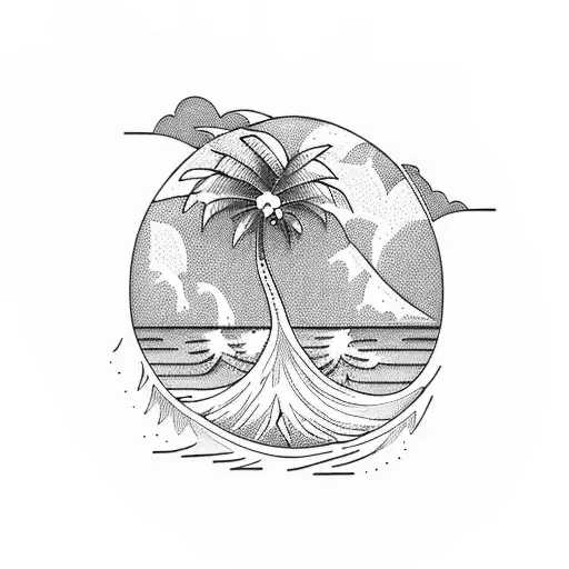 A Majestic Wave Crashing Against A Palm Tree On A Tropical Beach