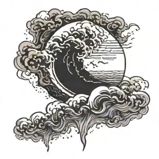 Moon And Ocean Surrounded By Smoke Rising