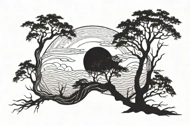 Moon With Ocean With Dead Tree Growing