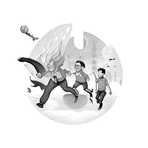 A Blackwork Tattoo Of A Big Dream Being Chased By A Group Of Kids From The Street