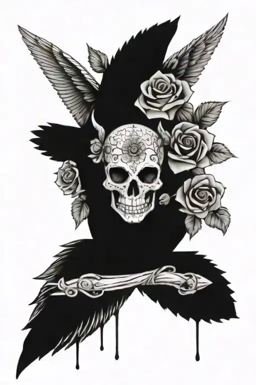 Coyoete Skull And Roses With Angel Wings