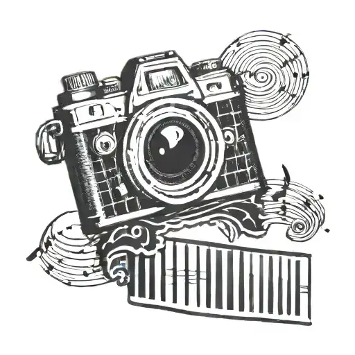 A Tattoo Of A Camera Shutter Opening Up To Reveal A Film Strip With Music Notes