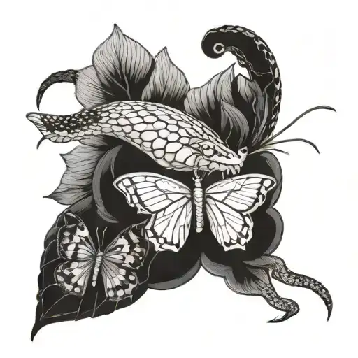 Snake And Butterflies On Hand