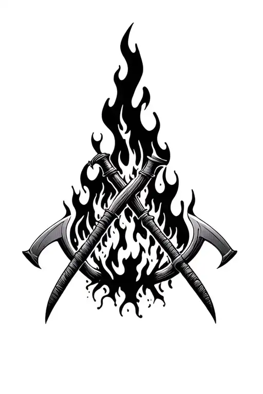 2 Long Handle Scyths Crossing Each Other Over Fire Rising