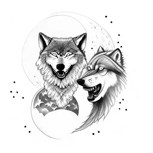 A Fierce Woman Howling At The Moon With A Wolf By Her Side