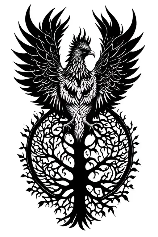 Phoenix Mixed With Tree Of Life Intertwined