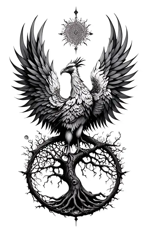 Phoenix Mixed With Tree Of Life Intertwined