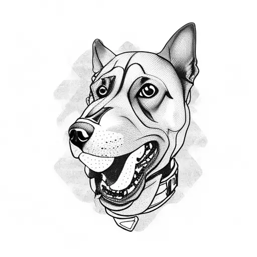 A Realistic Blackwork Tattoo Of A Dog Wearing An Airsoft Mask And Holding A Skateboard