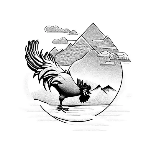 Rooster In Circle With Mountains And Island Background