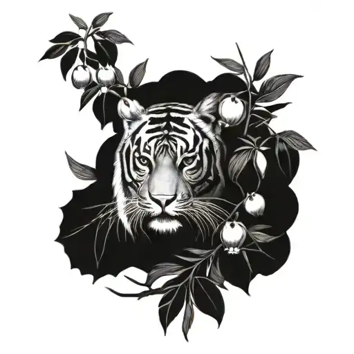 A Tattoo Resembling A Tiger Surrounded By Lush Pomegranate And Olive Trees