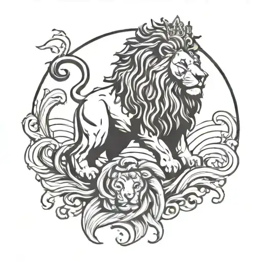 Lion Wearing A Crown Hair Flowin Ocean Wave To The Left