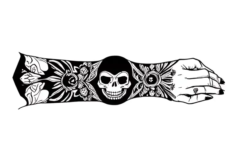 Diverse And Symmetric Doll And Symmetric Black Lines Diverse Skull Tattoo On The Wrist