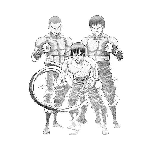Create A Blackwork Tattoo Of A Boxing Ring With Attack On Titan Characters As Spectators