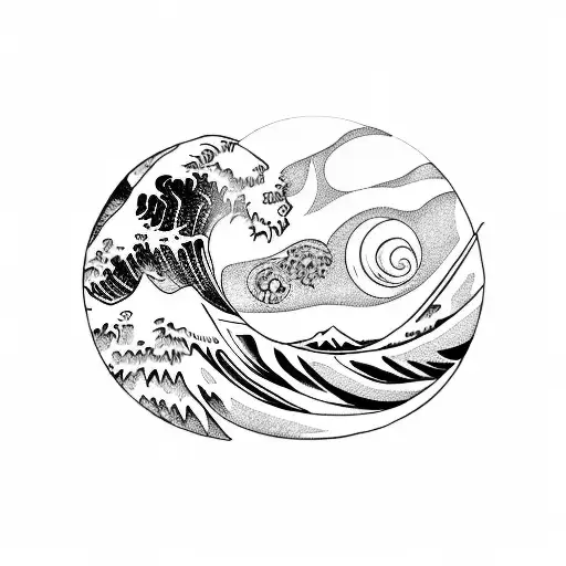 A Blackwork Tattoo Of A Wave With The Sun In The Background