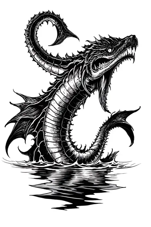 Please Draw A Sketch Of A Tattoo Of A Very Evil Leviathan In The Water On The Back