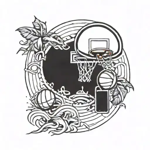 A Stylized Blackwork Tattoo Of A Basketball Hoop Surrounded By Animal Silhouettes