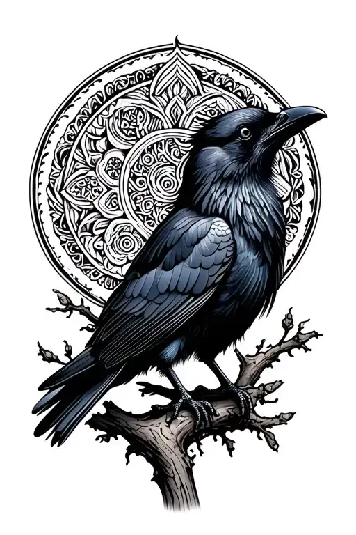 Raven Sitting On A Branch Decorated With Traditional Russian Patterns